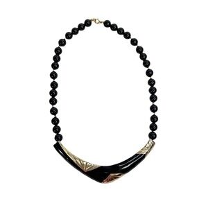 Vintage Style Black and Gold Tone Boomerang Plastic Beaded Necklace